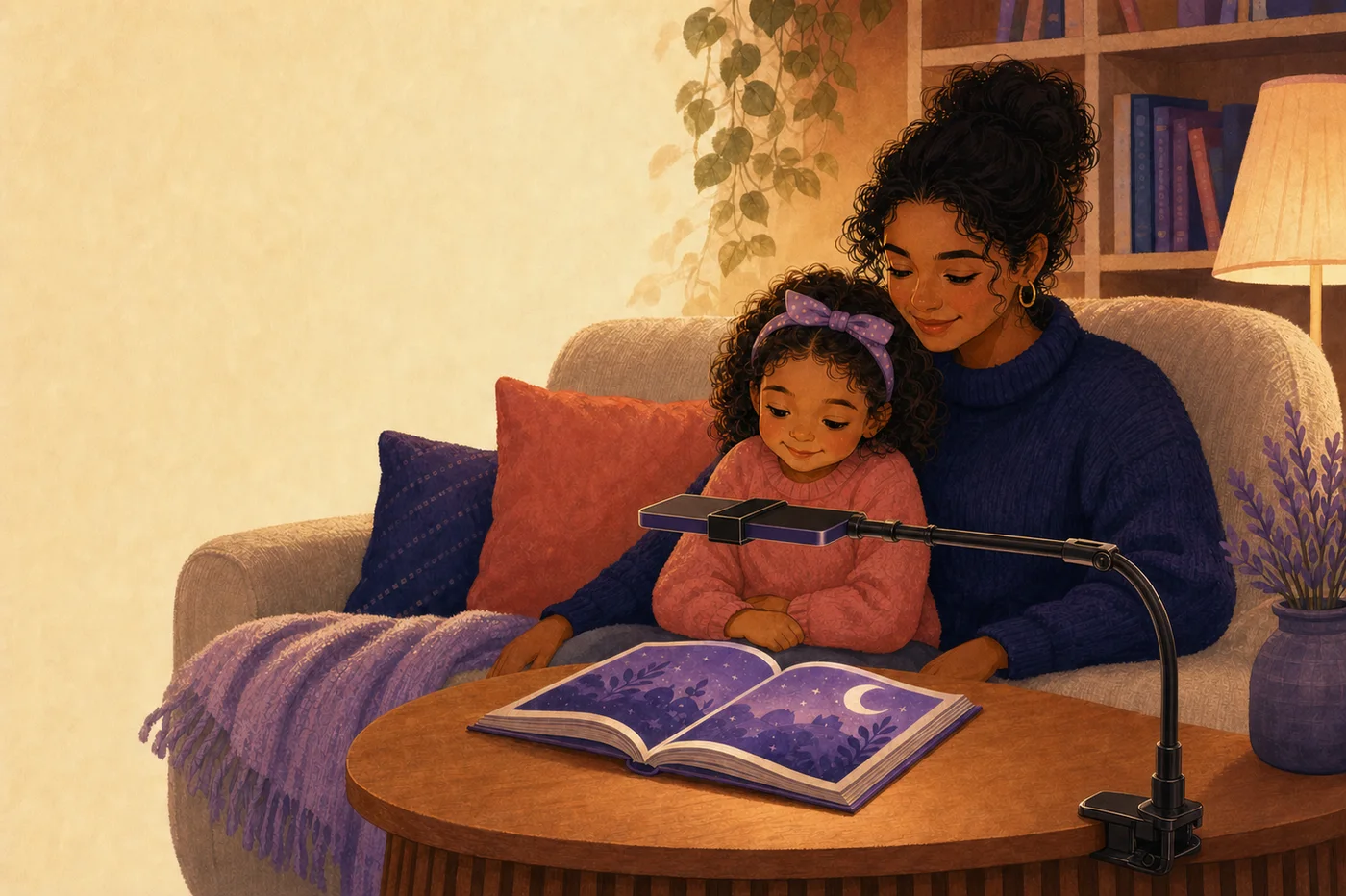 A parent and child listening together while a phone mounted above their open book detects each page turn